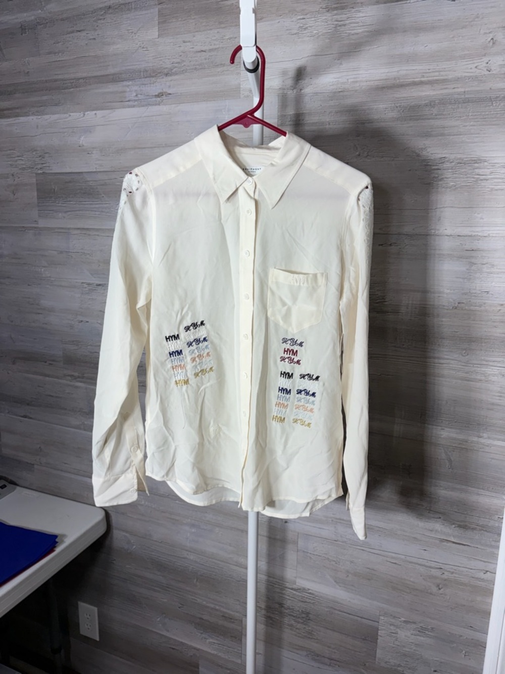 Equipment Ivory Button-Down Shirt with Multicolor Script Embroidery 1878